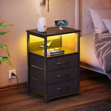 Seventable Three fabric drawer side table with power and light - matte black Black