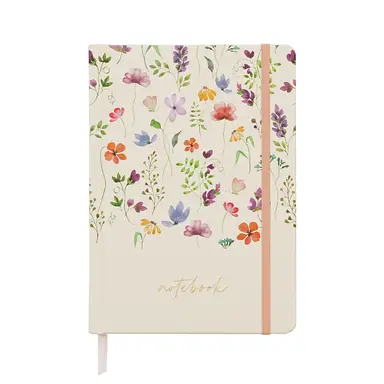 Jubiluu A5 Hardcover Notebook with Lined Pages - 96 Sheets (100g offset paper), Bookmark & Elastic Band -Classic Cream Ruled Journal for Writing, School, Office, and Gifts-Pastel Floral Field