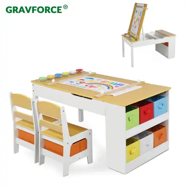 GRAVFORCE Kids Art Table and Chair Set, Wooden Toddler Craft Easel Desk with 2-Tier Open Shelf, Storage Bins, Paper Roll, Paint Cups, Children Play Activity Furniture