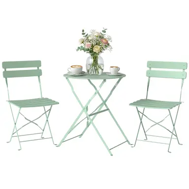 Outsunny 3 Piece Folding Bistro Set, Round Bistro Table and Chairs Set 2 with Electrophoresis Metal Frame, Small Outdoor Garden Furniture Conversation Sets for Patio, Balcony, Porch, Light Green