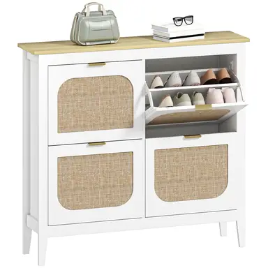 HOMCOM Shoe Storage Cabinet with 4 Flip Drawers, Boho Slim Shoe Cabinet with Rattan Doors for Entryway, Hallway, Holds 20 Pairs, White