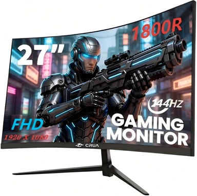 CRUA Moniteur de jeu incurvé 27" FHD 1920x1080P, 144Hz, dalle VA 1800R, 120% sRGB, AMD FreeSync, HDMI et DisplayPort, Compatible montage mural - Noir