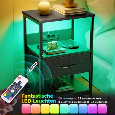 LED Nachttisch mit Lade-Station & 1 Stauraum-Schublade - Kleiner Nachttisch mit Doppel-Stecker-Adapter & 2 USB - Schmaler Nachttisch für Schlafzimmer, Wohnzimmer, Sofa, Couch