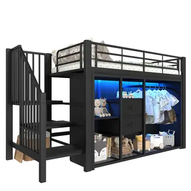 Welltin Halbhohes Bett 90 x 200 cm, schwarzes Metallhochbett mit zwei Schubladen und LED-Beleuchtung Schwarz 90cm X 200cm Kombiartikel Hochbett