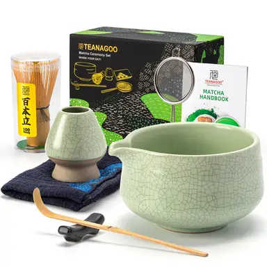 TEANAGOO 7-Piece Matcha Set with Whisk and Green Chawan Bowl (with Spout), for Ceremony, Breakfast & Latte