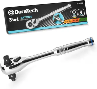 DURATECH 3-in-1 omkeerbare ratelgreep 180 mm, 1/4", 3/8", 1/2" aanslag ratelmoersleutel, 72-tandige socket sleutel van gelegeerd staal voor autoherstel