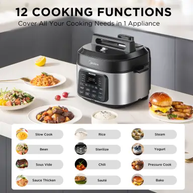 Midea 9-in-1 Multi Cooker, 6L with 12 Cooking Functions Pressure Cooker (Slow&Rice Cooker, Sous Vide, Cake Maker, etc.), 70% Faster, Non-Stick Brushed Stainless Steel & Black