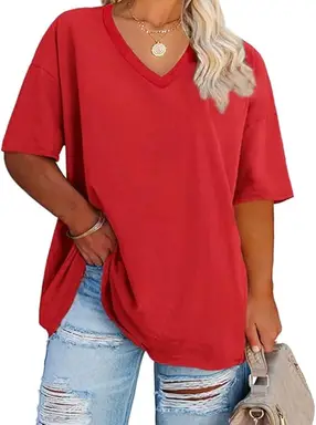 Women's Plus Size V Neck T Shirts Summer Half Sleeve Oversized Tees Casual Loose Fit Tunic Tops (red, XL)