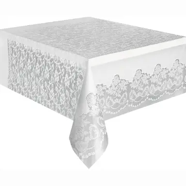 Unique Plastic Table Cover, White Lace, 1.37 x 2.74m