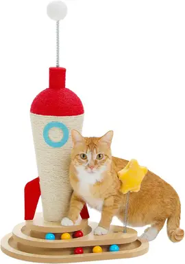 PAWZ Road Jouet interactif pour chats multifonction, griffoir en forme de fusée en sisal et parcours à billes en bois massif - 43 cm x 43 cm