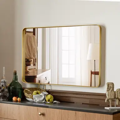 Melodieux Gold Bathroom Vanity Mirror for Wall, 60x90 cm Metal Framed Wall Mirror Rectangle, Decorative Mirror for Bedroom Living Room Entryway Horizontally or Vertically