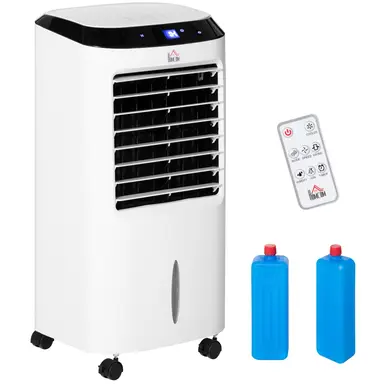 HOMCOM Climatiseur refroidisseur d'air ventilateur humidificateur ioniseur 4 en 1 sur roulettes télécommande 3 modes 3 vitesses minuterie et oscillant réservoir 10L 2 blocs réfrigérants blanc noir
