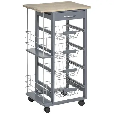 HOMCOM Rolling Kitchen Cart, Utility Storage Cart with 4 Basket Drawers & Side Racks, Wheels for Dining Room Grey