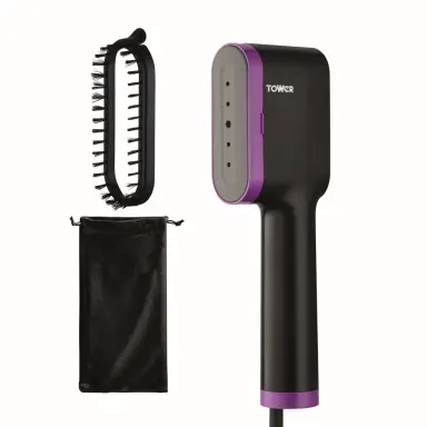 Tower T22038LIL Ceraglide Handheld Garment Steamer with Ceramic Soleplate, Brush Attachment, Vertical Steaming, 1400W, Black & Lilac