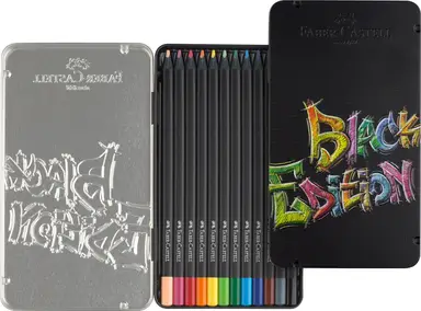 Faber-Castell Black Edition Colour Pencils, Assorted Colours, Tin of 12 Ergonomic Triangular Shape 