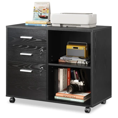 DEVAISE Rolling Container with 3 Drawers and Open Shelves, Mobile Filing Cabinet with Wheels, Printer Table for DIN A4/Legal/Letter, Lockable Cabinet for Office and Home Office, balck