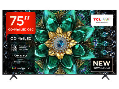TCL 75Q6C QLED Mini LED Fernseher, 75 Zoll, 4K HDR Premium, Dolby Vision IQ & Atmos, Onkyo 2.1 Sound, Smart TV mit Google TV, Game master, 144Hz Motion Clarity Pro, AMD FreeSync Premium Pro, HDMI 2.1, AirPlay 2, Google Assistant & Alexa