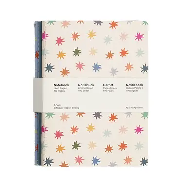 Jubiluu A5 Softcover 3-Pack Stitch Notebook - 50 Sheets (80g offset paper) - Classic Cream Ruled Journal for School, Office, Journaling, or Everyday Note-Taking-Starburst Floral