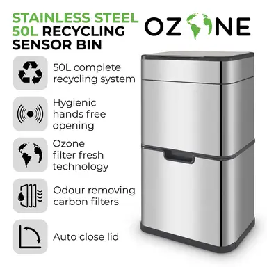 Tower Ozone Recycling Sensor Bin 50L, Stainless Steel