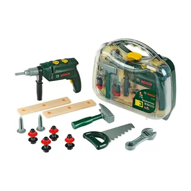 Theo Klein 8416 Bosch Werkzeugkoffer, groß | 16-teiliges Werkzeug-Set | Inkl. batteriebetriebenem Bohrer mit Licht und Sound | Spielzeug für Kinder ab 3 Jahren