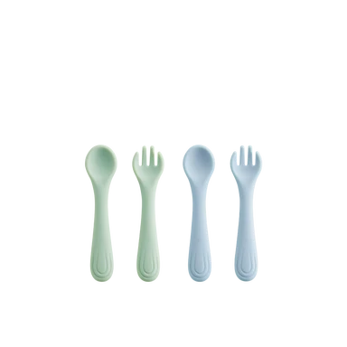 BC Babycare Kit cuillère et fourchette en silicone mini poignée, ustensiles pour repas autonome, pour bébés de plus de 6 mois, sans BPA – Diversification et autonomie, Vert + Bleu