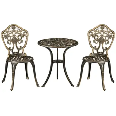 Outsunny 3 Piece Cast Aluminium Garden Bistro Set for 2 with Parasol Hole, Outdoor Coffee Table Set, Two Armless Chairs and Round Coffee Table for Balcony, Patio, Bronze