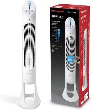 Honeywell QuietSet Oszillierender Turmventilator für den ganzen Raum (5 Geschwindigkeitseinstellungen, Oszillation 80°, Timer-Funktion, Auto-AUS für Beleuchtung, Fernbedienung) HYF260, Weiß