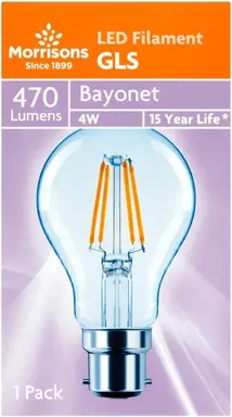 Morrisons Light Bulb LED Globe Filament Bayonet B22 Warm White 4W 470 Lumens 2pcs