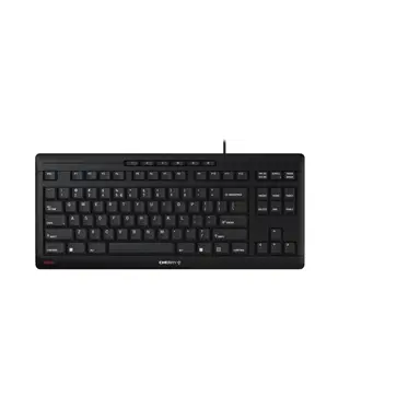 CHERRY Stream Tastatur (TKL), kabelgebundene USB-Tastatur, kompaktes TKL-Design, CHERRY SX Scissor-Switches, 6 Multimedia-Hotkeys, US-Layout mit Euro-Symbol, schwarz
