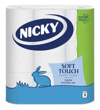 Nicky Soft Touch Toilet Tissue, 2-Ply, 9 Rolls Paper Pack