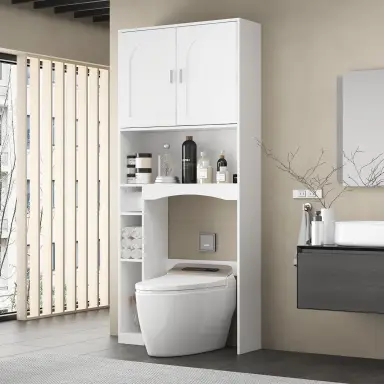 Caldion Badezimmer-Wandschrank für Toilette, weiß, 2 Türen, mehrere Regale, Toilettenschrank mit Stauraum