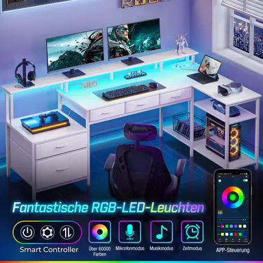 Rolanstar L-förmiger Computerarbeitsplatz mit USB-Anschlüssen, Stromanschlüssen, LED-Streifen, Schubladen und Ablagefach, umkehrbarer Eckgamingtisch mit Monitorablage und Stauraum für das Home-Office