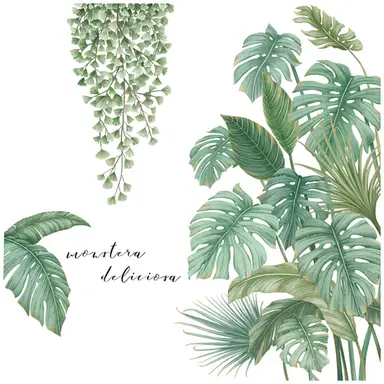 Green Tropical Assorted Leaves Decals Removable PVC Wall Stickers - Living Room Bedroom Office Home Decorations,Palm leaves and hanging vines