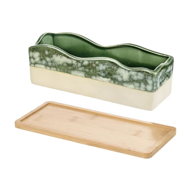 MyGift Rechteckiger Sukkulenten-Übertopf – dekorativer beige- und grüner Keramik-Glasierter Pflanztopf mit abnehmbarem Bambus-Tablett