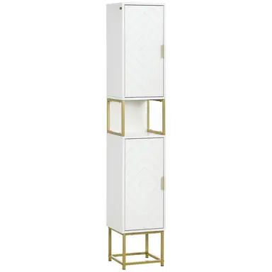 kleankin Narrow Bathroom Storage Cabinet, Freestanding Tallboy Storage Unit with Adjustable Shelf, 2 Doors and Steel Base, Slim Corner Organizer, White