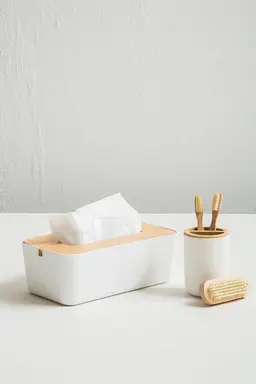 Maison by Premier White Ceramic Toothbrush Holder, Bamboo Accent Cylindrical Holder For Storage, Porcelain Toothbrush Stand