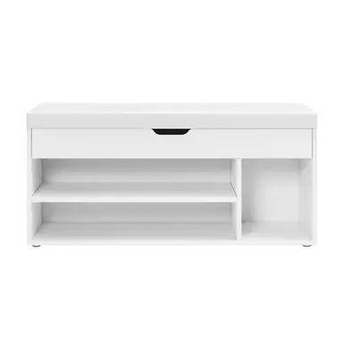 Ochama x SONGMICS Storage Bench with Cushion, Shoe Bench with Padded Seat, Entryway Bench with 3 Compartments, Hidden Storage, Shelves, White