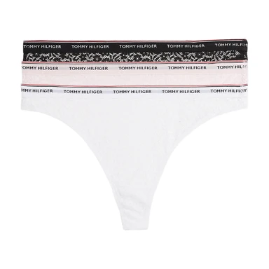 Tommy Hilfiger PREMIUM ESSENTIALS 3 PACK THONG LACE (EXT SIZES)Black/White/Light Pink LG
