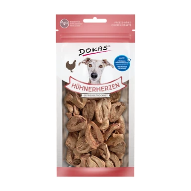 Dokas – Gefriergetrocknete Hühnerherzen 22 g – Reiner Einzelnahrungshundesnack – Hochproteinhaltig (73,8%), getreidefrei, eifrei, sojafrei