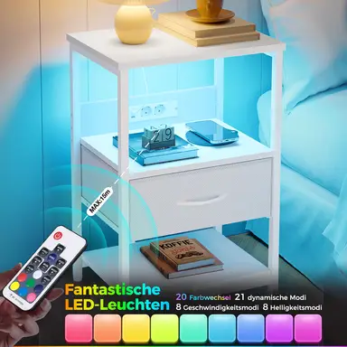 LED Nachttisch mit Ladestation & 1 Stauraum Schublade - Kleiner Nachttisch mit Doppelstecker & 2 USB - Schlanker Nachttisch für Schlafzimmer, Wohnzimmer, Sofa, Couch