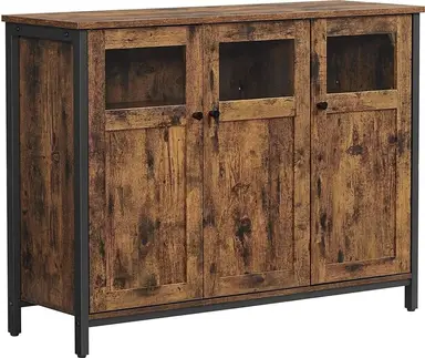 VASAGLE Buffetschrank, Sideboard mit Glastüren, Buffettisch, für Esszimmer, Wohnzimmer, Küche, Stahlrahmen, Industriestil, Rustikal Braun und Tinten Schwarz ULSC099B01