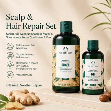【Sommerangebot 】The Body Shop Kopfhaut- & Haar-Reparatur-Set: Ingwer Anti-Schuppen Shampoo 400 ml & Shea Intensiv-Reparatur-Conditioner 250 ml für trockene, schuppige Kopfhaut & bruchanfälliges Haar