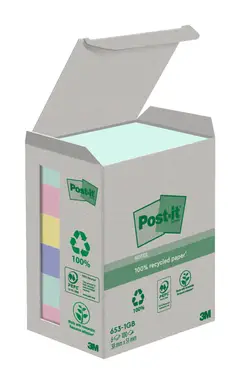 Post-It Recycled Notes Assorted Colours 38x51mm 100 Sheets, Pack of 6
