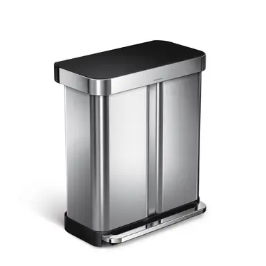 Simplehuman 58L Recycling Rectangular Pedal Bin with Black Plastic Lid, Brushed Stainless Steel