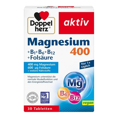 Doppelherz aktiv Magnesium 400 + Vitamin B1+B6+B12 + Folsäure, 30 Portionsbeutel