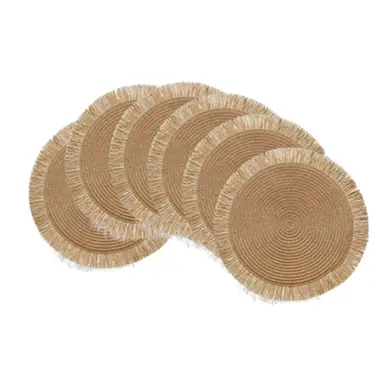 Lot de 6 sets de table ronds en papier tressé à franges 38 cm - Khaki et camel