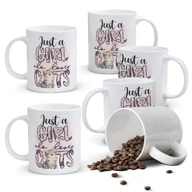 Alphynix 1pc 11oz White Mug with "Just a GIRL Who Loves CATS" Quote & Pink Cat Silhouette Letters, Cute Christmas or Thanksgiving Gift for Cat Ladies