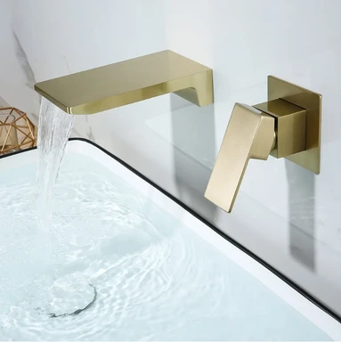 Homary Waterfall Wall Mounted Brushed Gold Bathroom Basin Tap Single Lever Handle
