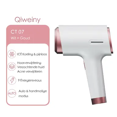 Qiweiny CT07 IPL Ontharingsapparaat met IJskoeling, Wit - 9 Standen & 3-in-1, 7°C Pijnloos voor Mannen & Vrouwen, Zalonresultaat Thuis, incl. Scheermes & Brillen