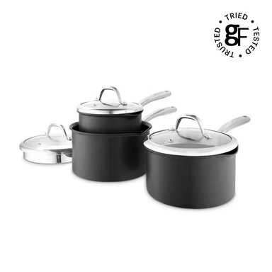 Good Food by Tower Hard Anodised 3 Piece Saucepan Set with Lids, Induction Compatible, Grey